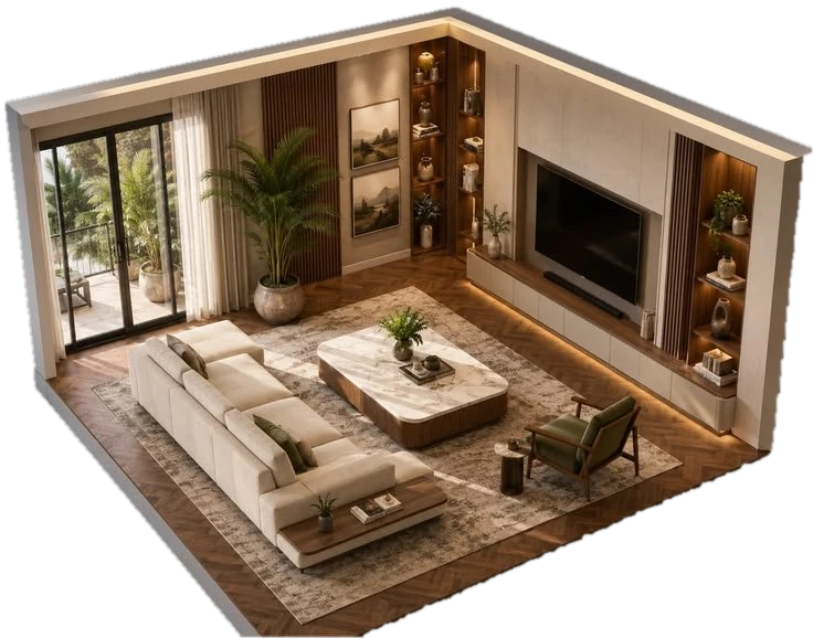 A living room lit with LED strip lighting along the ceiling, the TV wall shelves and under the TV unit. The light colour changes with the slider below.